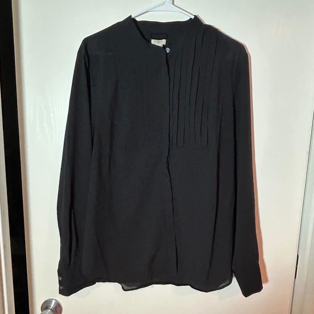 J.Crew‎ Womens XL Black Pintuck Pleated Band Collar Long Sleeve Blouse Top